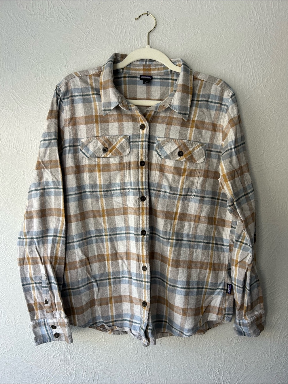 Patagonia Plaid Button-Down Shirt in Tan and Gray